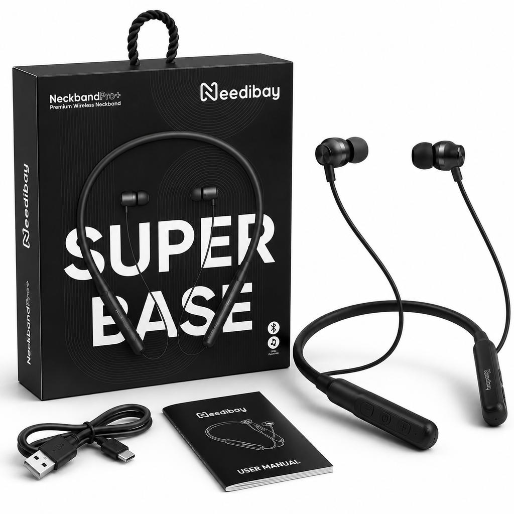 Needibay Neckband Pro+ – Wireless Bluetooth Neckband | Deep Bass | All-Day Comfort | Black