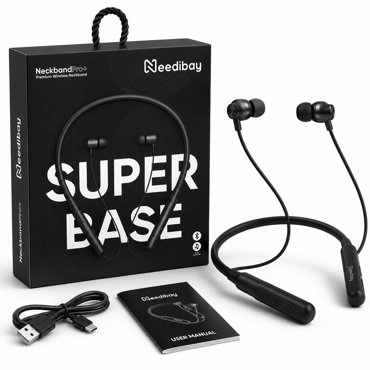 Needibay Neckband Pro+ – Wireless Bluetooth Neckband | Deep Bass | All-Day Comfort | Black