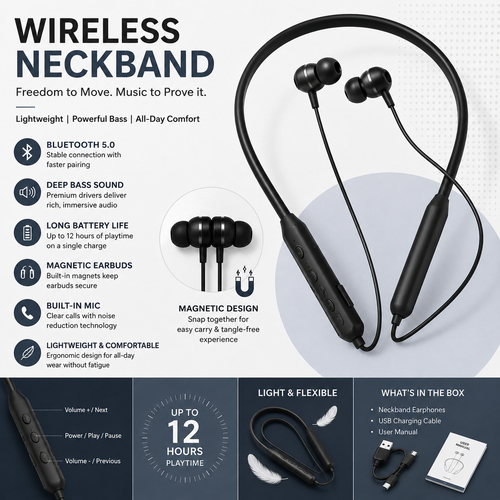 Needibay Neckband Pro+ – Wireless Bluetooth Neckband | Deep Bass | All-Day Comfort | Black