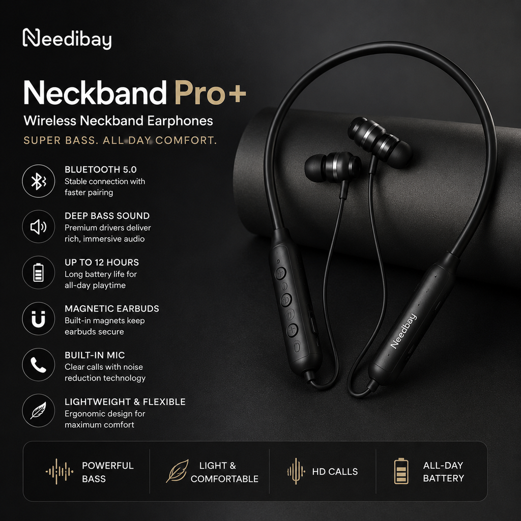 Needibay Neckband Pro+ – Wireless Bluetooth Neckband | Deep Bass | All-Day Comfort | Black